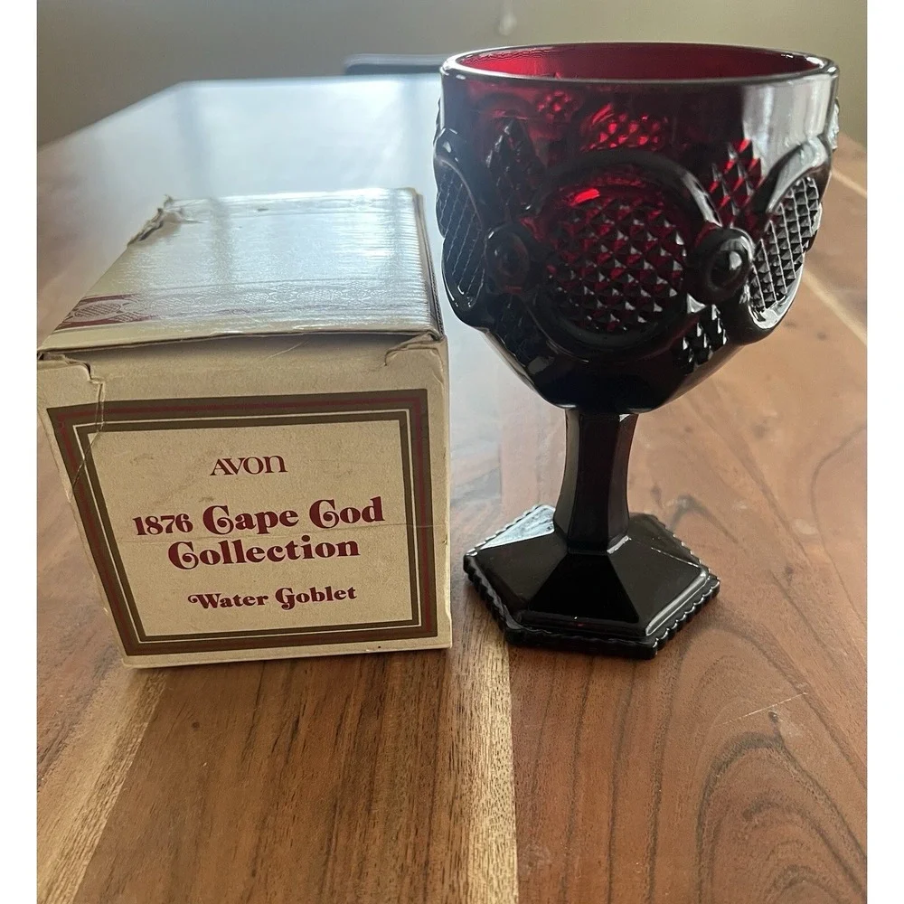 Avon 1876 Cape Cod Collection Water Goblet Set of 3 Ruby Red Glass Vintage Boxed